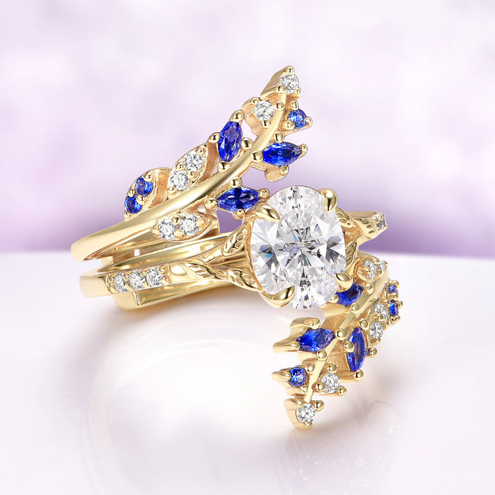 Lab-Grown Diamond & Sapphire Leaf Engagement Ring Set in 14K Solid Yellow Gold (IGI Certified) by Aquamarise Gold, featuring intricate sapphire and diamond accents in a nature-inspired design.