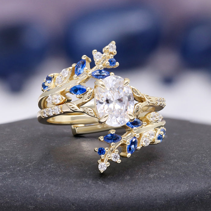 Lab-Grown Diamond & Sapphire Leaf Engagement Ring Set in 14K Solid Yellow Gold (IGI Certified) by Aquamarise Gold, featuring blue sapphires and diamonds in a nature-inspired design.
