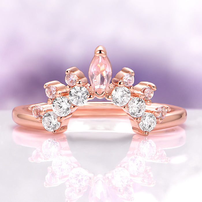 Blush Pink Morganite Stackable Wedding Band in 14K Solid Rose Gold featuring a tiara-inspired design accented with natural blush pink morganites and sparkling diamonds by Aquamarise Gold.