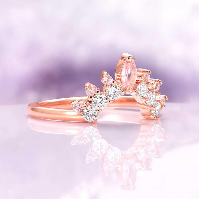 Blush Pink Morganite Stackable Wedding Band in 14K Solid Rose Gold by Aquamarise Gold featuring a tiara-inspired design with a marquise morganite and sparkling diamond accents.