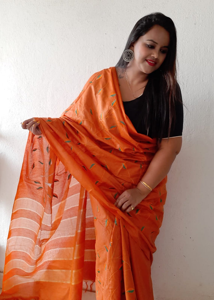 Eri Silk Embroidered Orange Saree with Blouse-Indiehaat