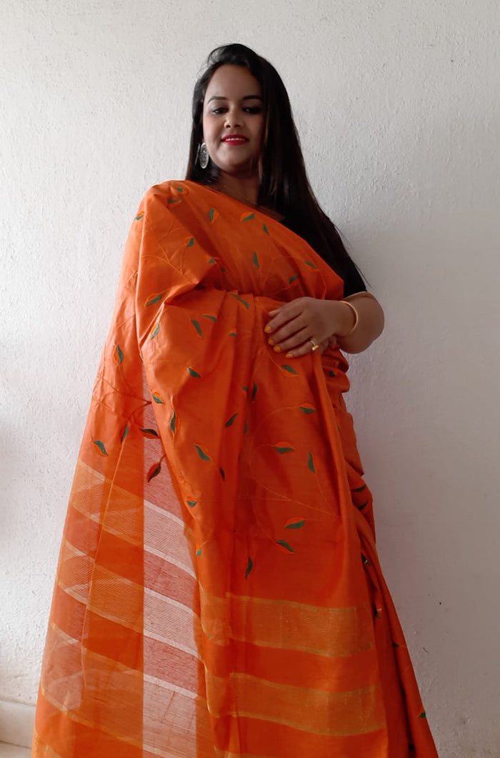 Eri Silk Embroidered Orange Saree with Blouse-Indiehaat