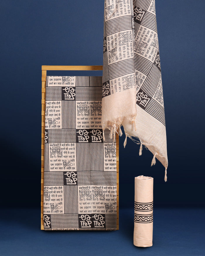 Katan Silk Printed Suit Piece Beige Color with Bottom and Letter Designed Dupatta Handcrafted-Indiehaat