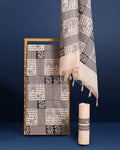 Katan Silk Printed Suit Piece Beige Color with Bottom and Letter Designed Dupatta Handcrafted-Indiehaat