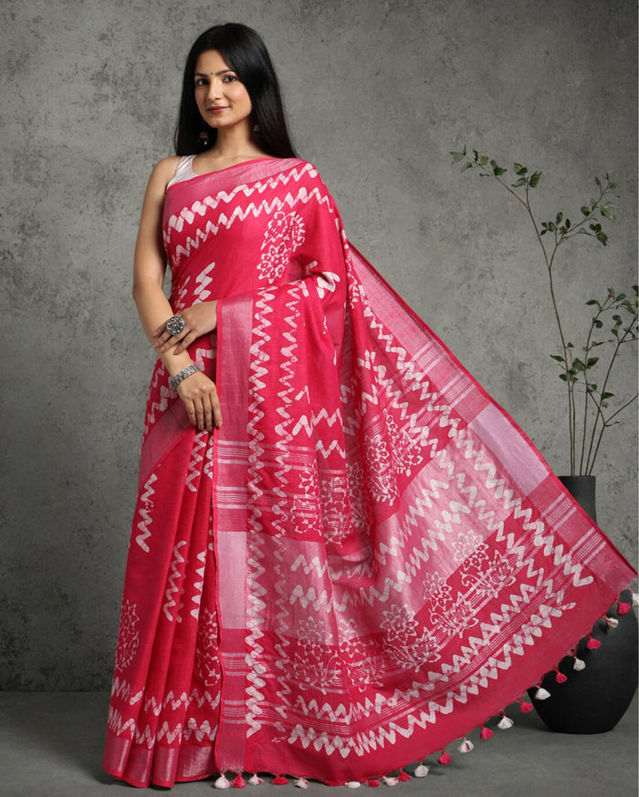 Buy Online Blushing Slub Linen Batik Print Saree