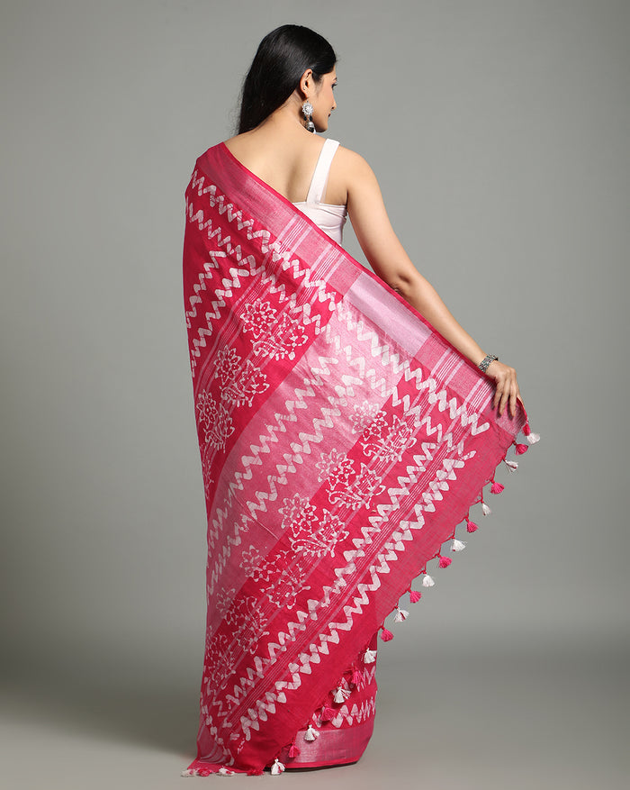 Buy Online Blushing Slub Linen Batik Print Saree