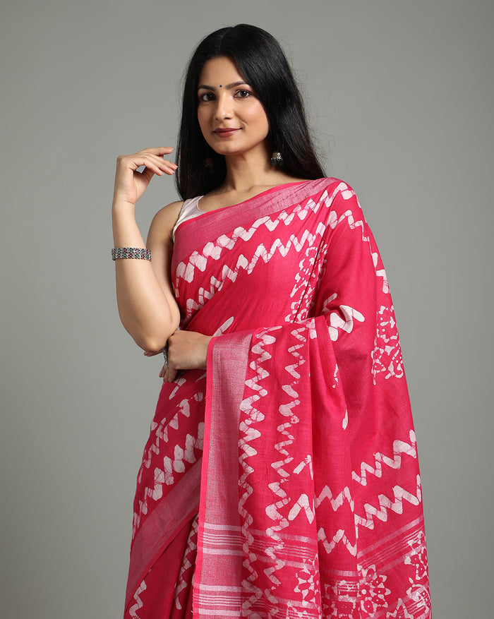Buy Online Blushing Slub Linen Batik Print Saree