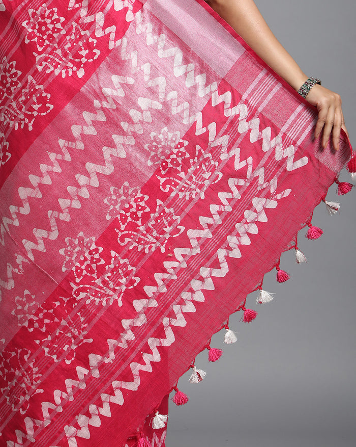 Buy Online Blushing Slub Linen Batik Print Saree