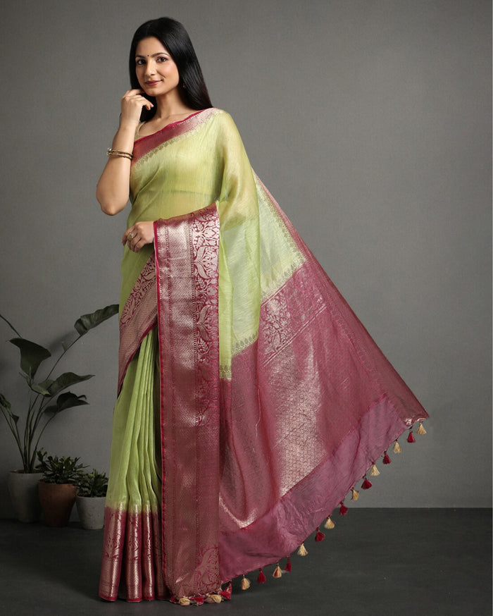 Silk Linen Banarasi Brocade Weaving Handloom Olive Green Saree with Blouse-Indiehaat