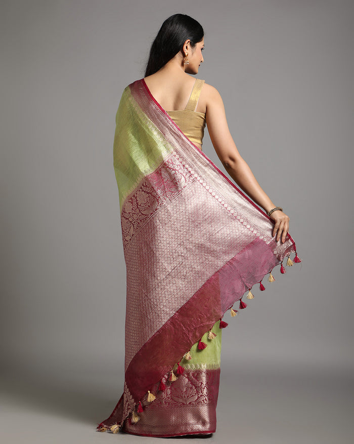 Silk Linen Banarasi Brocade Weaving Handloom Olive Green Saree with Blouse-Indiehaat