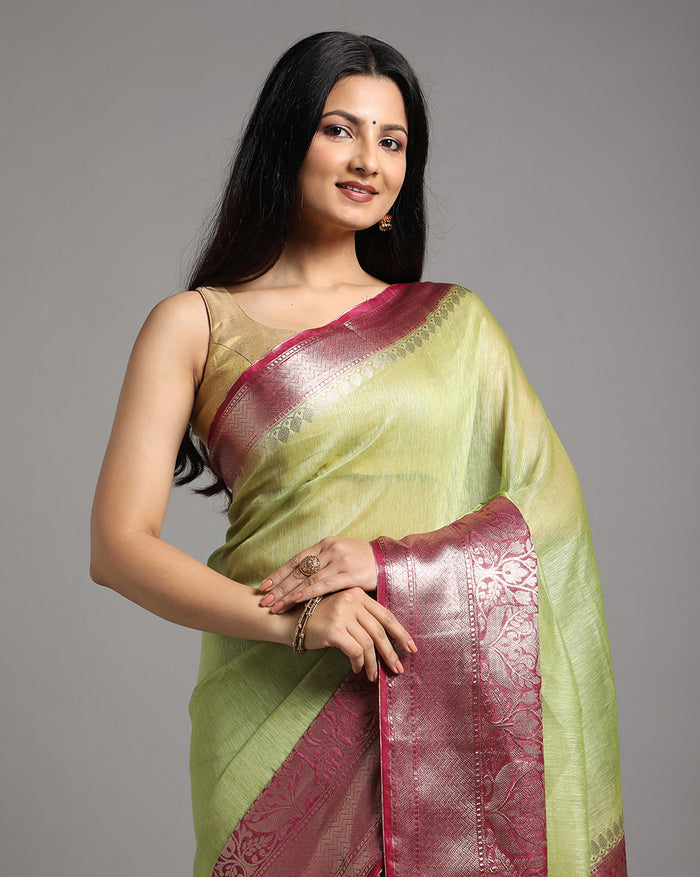 Silk Linen Banarasi Brocade Weaving Handloom Olive Green Saree with Blouse-Indiehaat