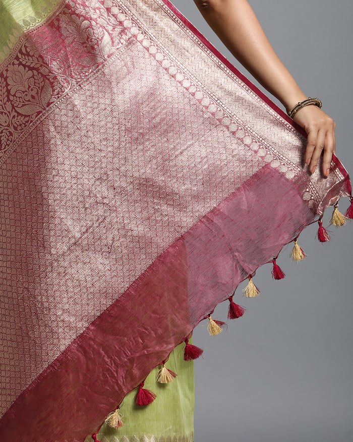 Silk Linen Banarasi Brocade Weaving Handloom Olive Green Saree with Blouse-Indiehaat
