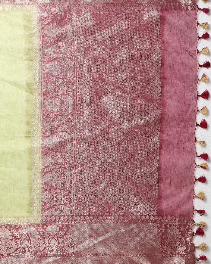 Silk Linen Banarasi Brocade Weaving Handloom Olive Green Saree with Blouse-Indiehaat
