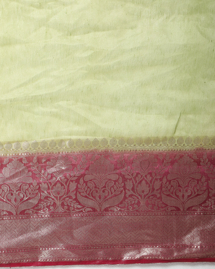Silk Linen Banarasi Brocade Weaving Handloom Olive Green Saree with Blouse-Indiehaat