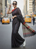 Bold Handwoven Pure Linen Gray Saree Striped Design