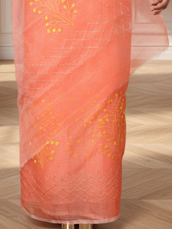 Bold Kota Doria Cotton Bel Embroidery Orange Saree Handdyed