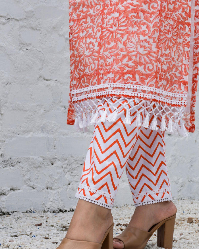 Kota Doria Suits (Top+Bottom+Dupatta) Orange Color Handblock print with Stitch embroidery work - IndieHaat