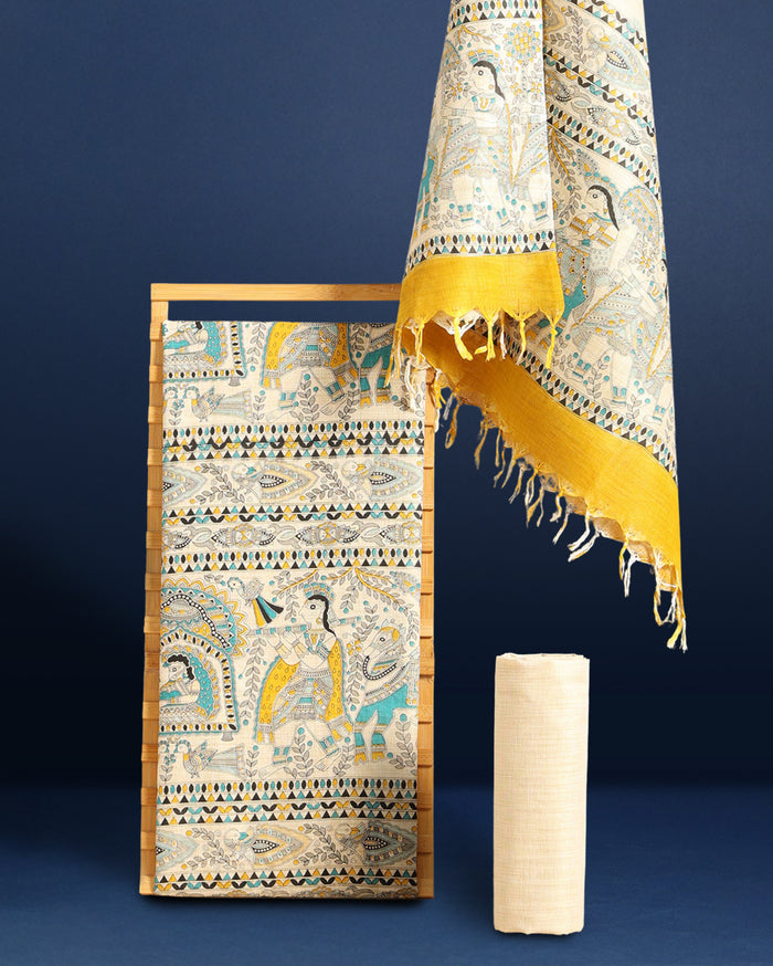 Bold Madhubani Wax Batik Hand Dyed Khadi Silk Beige Suit (T+B+D)