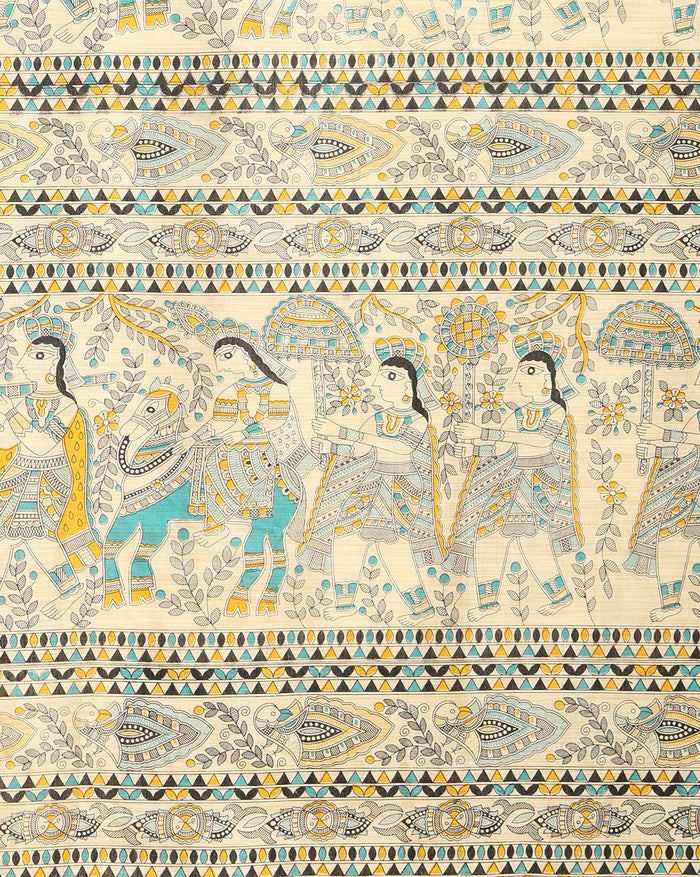 Bold Madhubani Wax Batik Hand Dyed Khadi Silk Beige Suit (T+B+D)