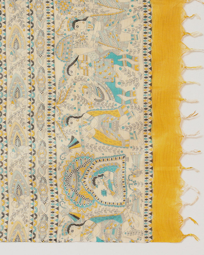 Bold Madhubani Wax Batik Hand Dyed Khadi Silk Beige Suit (T+B+D)