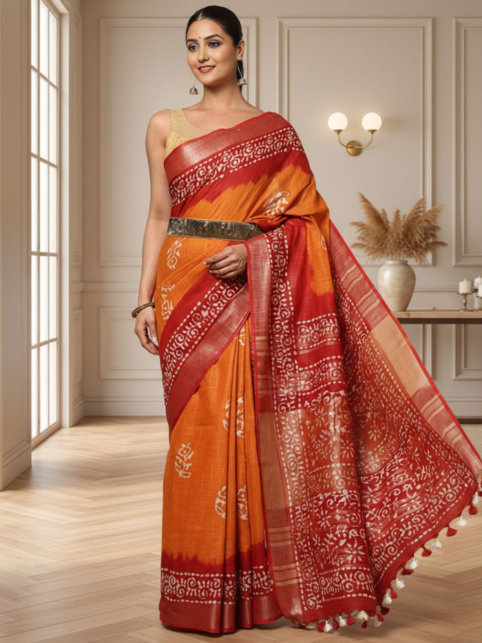 Bold Mustard Maroon Wax Batik Hand Dyed Slub Linen Saree
