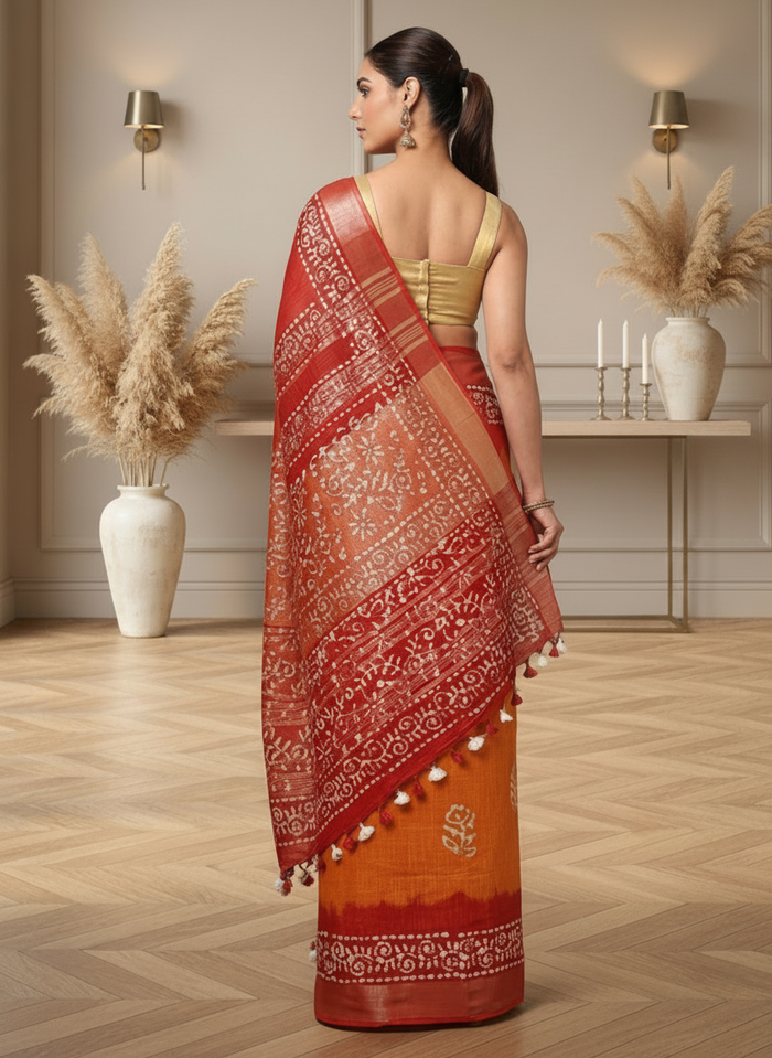 Bold Mustard Maroon Wax Batik Hand Dyed Slub Linen Saree