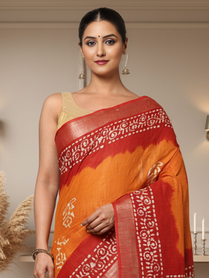 Bold Mustard Maroon Wax Batik Hand Dyed Slub Linen Saree