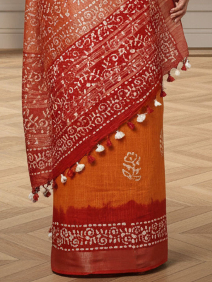 Bold Mustard Maroon Wax Batik Hand Dyed Slub Linen Saree