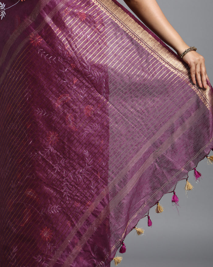 Bold Silk Linen Embroidered Purple Saree