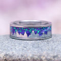 Borealis Forest Wedding Band- Northern Lights & Trees 8MM Tungsten featuring an inlaid design of luminous Northern Lights above a silhouette of forest trees, crafted by Aquamarise for men’s wedding bands and nature-inspired jewelry collections.