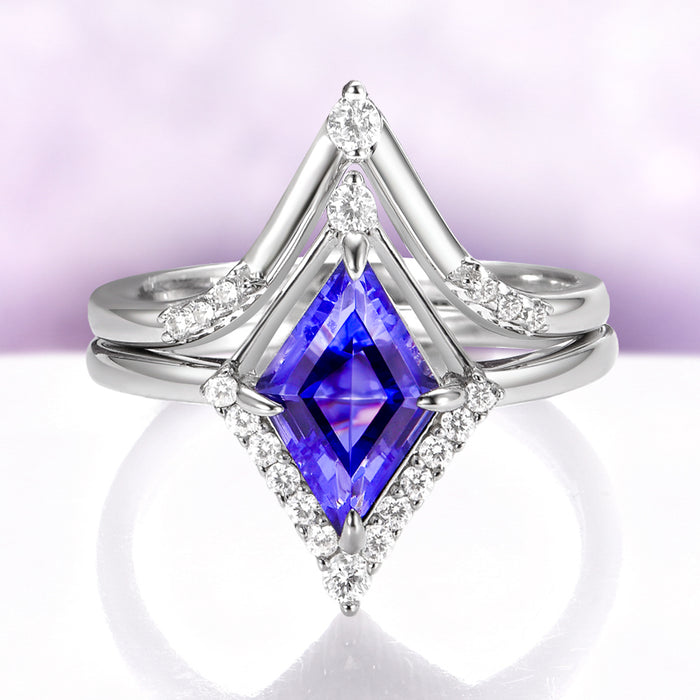 Borealis & Tanzanite Couples Ring Set- Northern Lights & Trees featuring a kite-cut tanzanite surrounded by diamonds in sterling silver, crafted by Aquamarise for matching couples' rings.