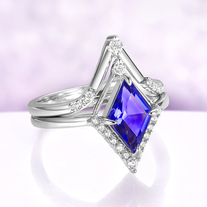 Borealis & Tanzanite Couples Ring Set- Northern Lights & Trees by Aquamarise, featuring a kite-cut tanzanite and diamond accents in sterling silver, part of matching couples rings and December birthstone collections.