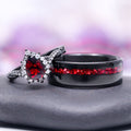 Briar Natural Red Garnet Couples Ring Set by Aquamarise featuring a red garnet center stone ring with diamond accents and a black band with crushed garnet inlay, perfect matching couples rings.