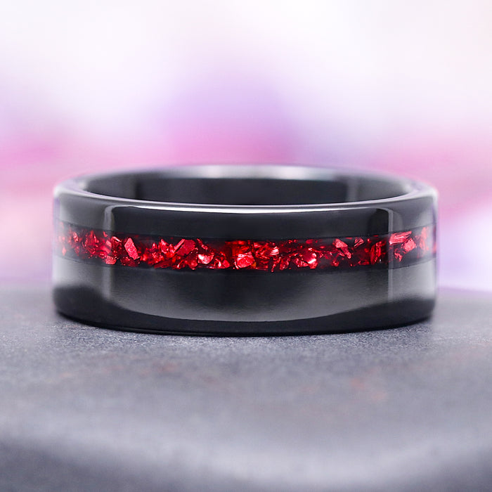Lilith Coffin Cut Natural Red Garnet Couples Ring Set by Aquamarise featuring a black band with a vivid red garnet inlay, perfect for matching couples and meaningful jewelry gifts.