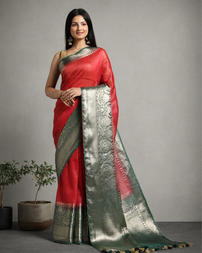 Silk Linen Banarasi Brocade Weaving Handloom Red Saree with Blouse-Indiehaat