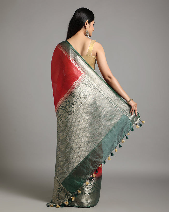 Silk Linen Banarasi Brocade Weaving Handloom Red Saree with Blouse-Indiehaat