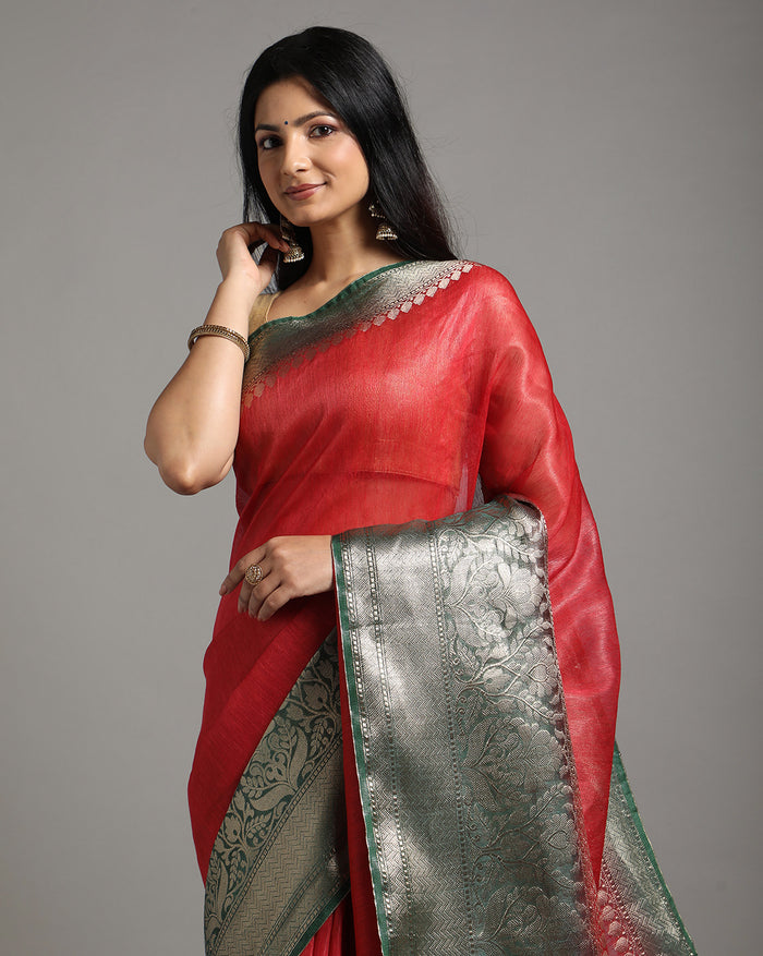 Silk Linen Banarasi Brocade Weaving Handloom Red Saree with Blouse-Indiehaat