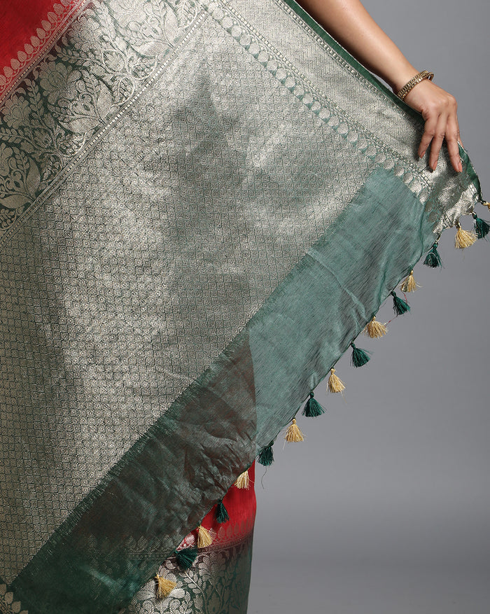 Silk Linen Banarasi Brocade Weaving Handloom Red Saree with Blouse-Indiehaat