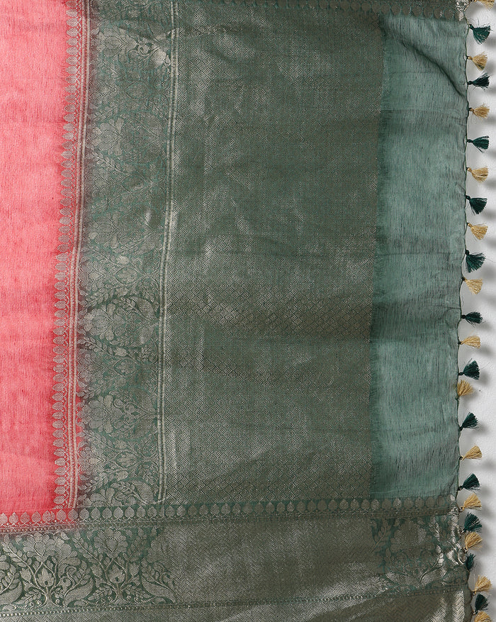 Silk Linen Banarasi Brocade Weaving Handloom Red Saree with Blouse-Indiehaat