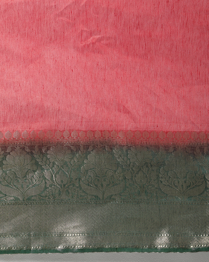Silk Linen Banarasi Brocade Weaving Handloom Red Saree with Blouse-Indiehaat