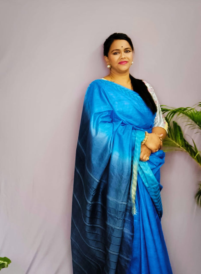 Chanderi Silk Saree Blue Hand Dyed - Indiehaat