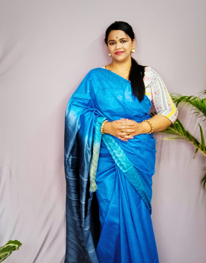 Chanderi Silk Saree Blue Hand Dyed - Indiehaat