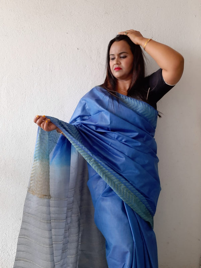 Chanderi Silk Saree Blue Hand Dyed - Indiehaat