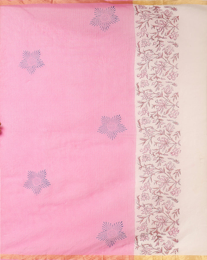 Bright Kota Doria Pink Blockprinted Suit (Top+Dupatta+Bottom)