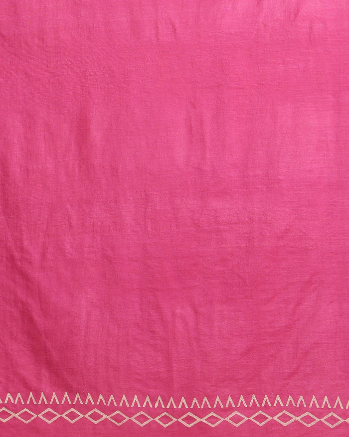 Bright magenta purple katan silk unstitched suit set with off-white floral and geometric hand block print, one plain magenta piece, and a fringed geometric border.