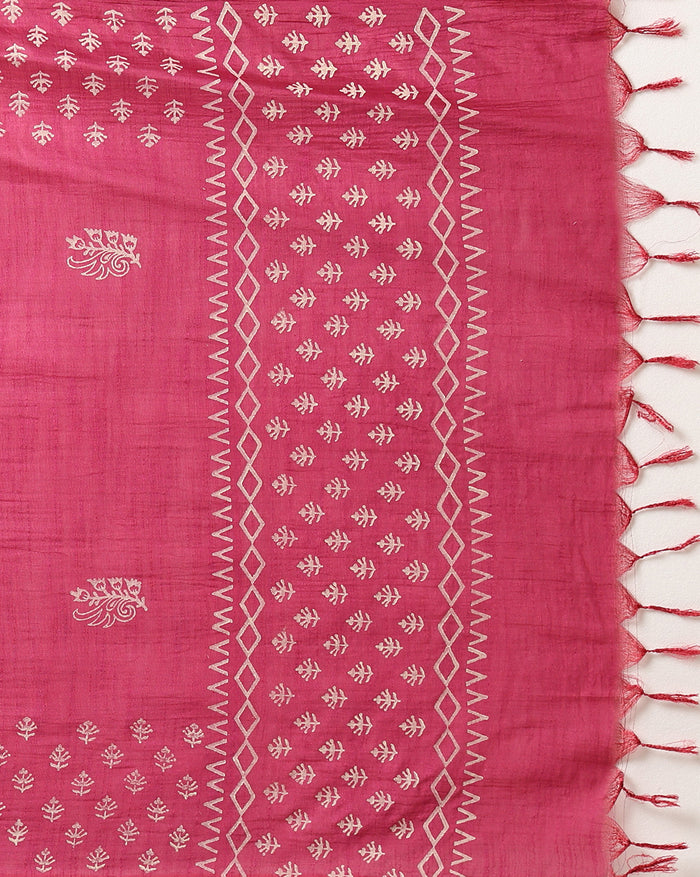Bright magenta purple katan silk unstitched suit set with off-white floral and geometric hand block print, one plain magenta piece, and a fringed geometric border.