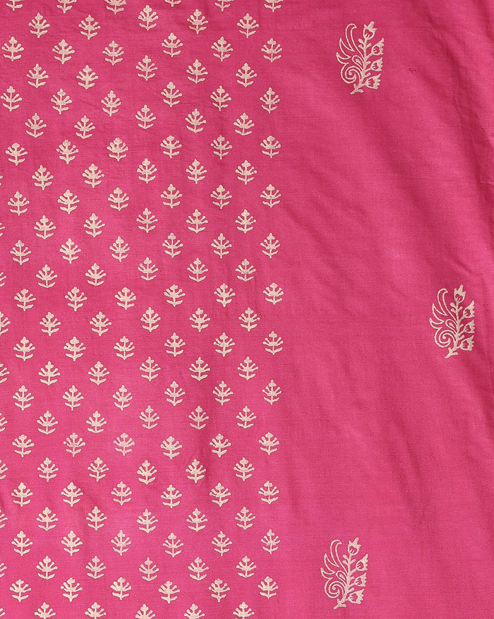 Bright magenta purple katan silk unstitched suit set with off-white floral and geometric hand block print, one plain magenta piece, and a fringed geometric border.