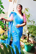 Bright Pure Linen Floral Embroidered Saree Sky Blue