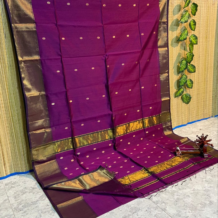 Bright violet Maheshwari silk saree worked allover in small gold buti with gold-tone borders, handwoven in Maheshwar