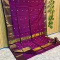 Bright violet Maheshwari silk saree worked allover in small gold buti with gold-tone borders, handwoven in Maheshwar